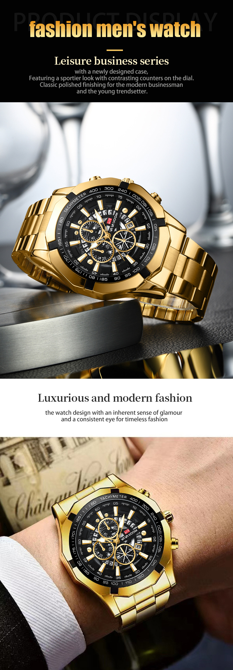 Relógio masculino com pulseira de aço, três olhos, seis pinos, calendário luminoso, esportivo, à prova d'água, relógio de quartzo_voghion.com