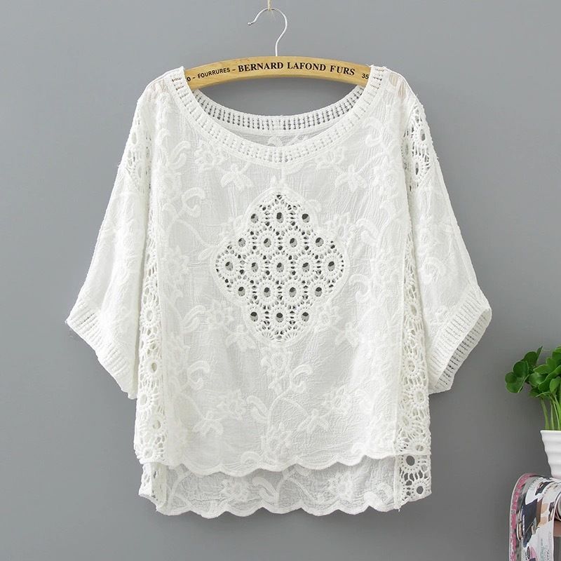 Dames Nieuwe Stijl Retro Holle Kanten Shirt Vrouwelijke Losse Zonbescherming Kleding Dames Katoenen Tops Dames_voghion.com