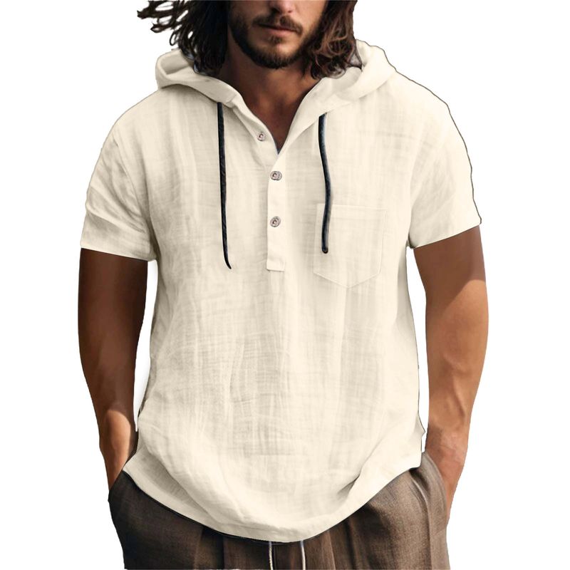 Felpa con cappuccio in cotone e lino, nuova 2025, a maniche corte, con cappuccio, primavera estate, casual, da uomo, da spiaggia_voghion.com