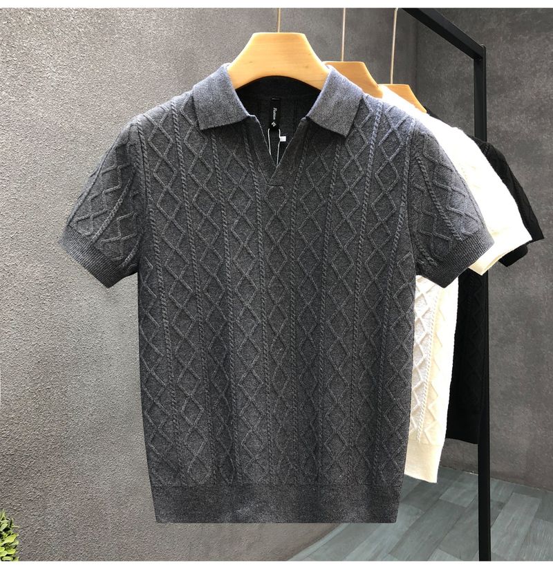 Polo da uomo in maglia testurizzata – Maglia casual a maniche corte con colletto a contrasto (M-3XL, bianco/nero/grigio/marrone, vestibilità slim e rilassata)_voghion.com