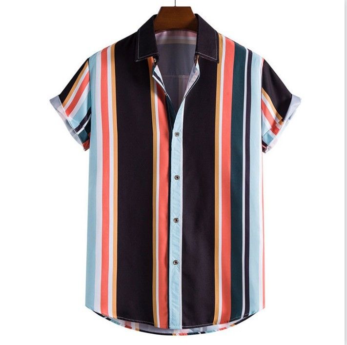 camicia a maniche corte sottile con risvolto hawaiano a righe con stampa digitale da uomo_voghion.com