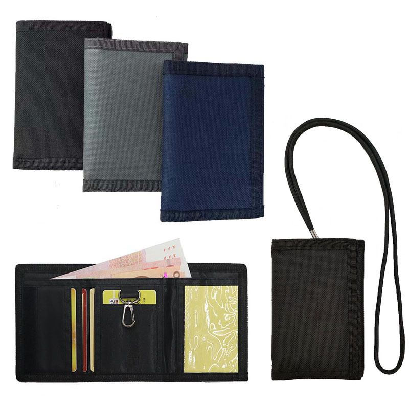 Carteira masculina de lona com cordão, zíper, bolso, clipe, chaveiro dobrável, compartimento para cartão, bolsa para dinheiro_voghion.com