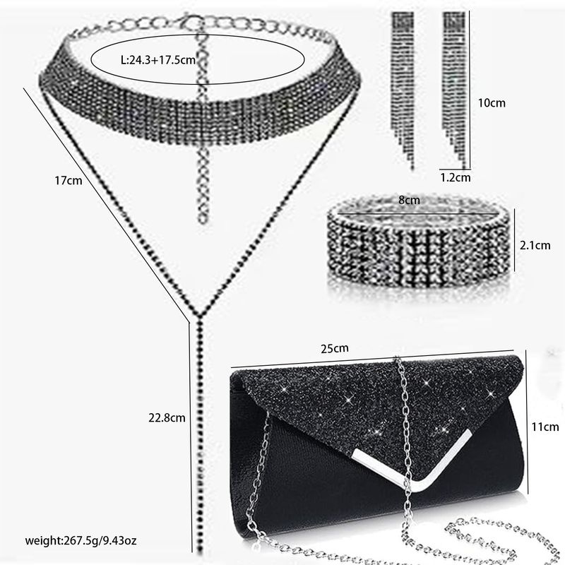 Set di gioielli da donna - Elegante collana con frange geometriche in strass, orecchini, bracciale, pochette, accessori da sera e da festa, 4 pezzi_voghion.com