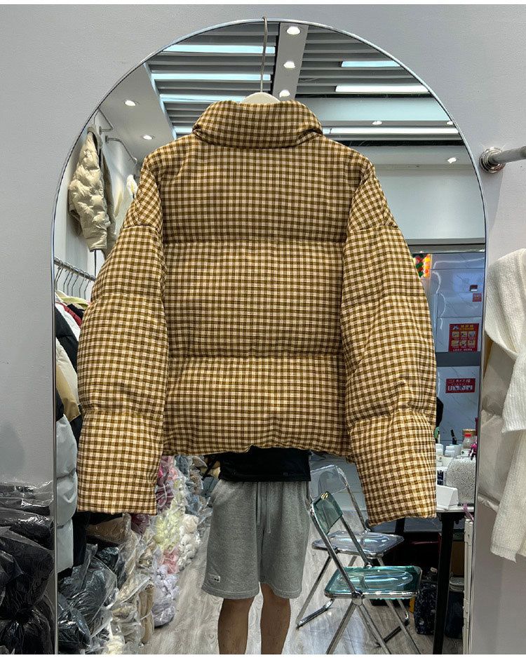 Women's Short Puffer Jacket With Houndstooth Pattern, Thickened Down Coat, Stand Collar, Oversized Fit, White Duck Feather Filling_voghion.com