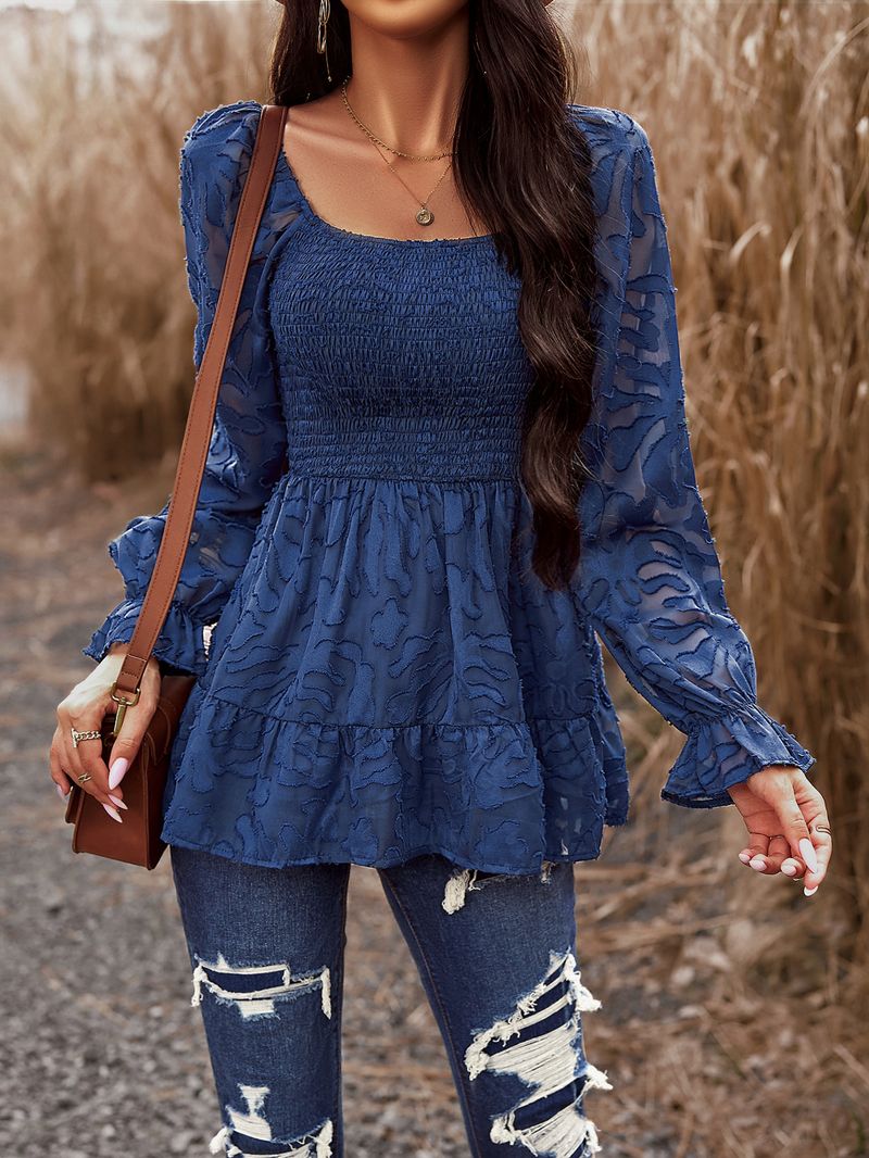 Camicia jacquard da donna dal temperamento elegante top a maniche lunghe con colletto quadrato_voghion.com