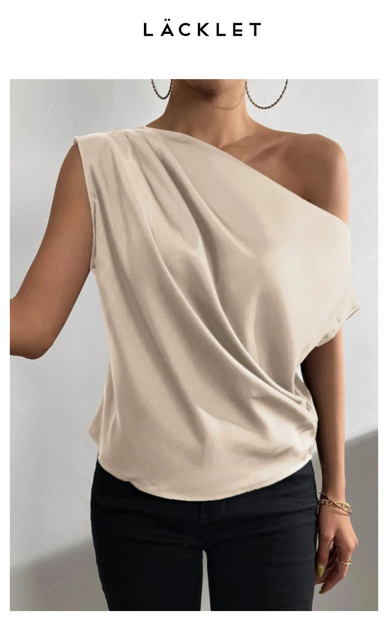 Abbigliamento donna tinta unita raso imitazione seta spalla obliqua irregolare pullover monospalla camicia senza maniche femminile_voghion.com