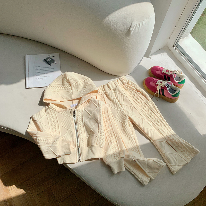 Set da due pezzi moda autunno bambina nuova bambina coreana lavorata a maglia a maniche lunghe con spacco e pantaloni svasati_voghion.com