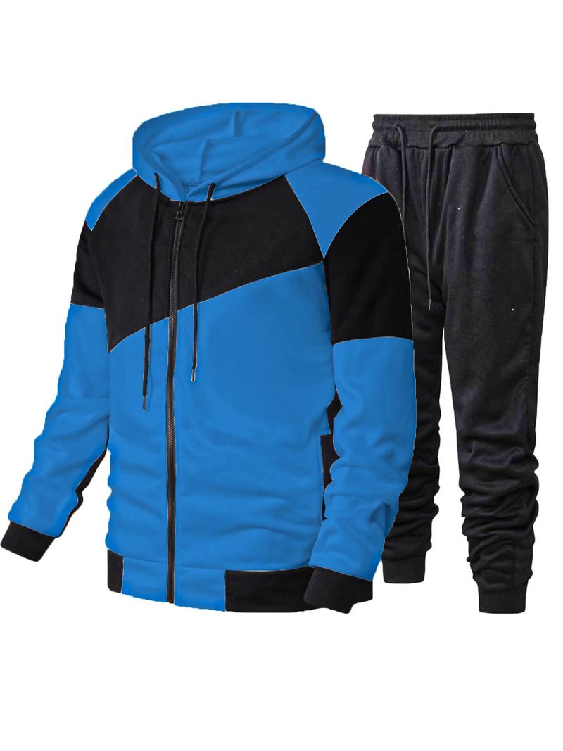 Men's Color-Block Hooded Jacket & Jogger Set - Fleece-Lined Zip-Up Tracksuit With Drawstring Waist_voghion.com