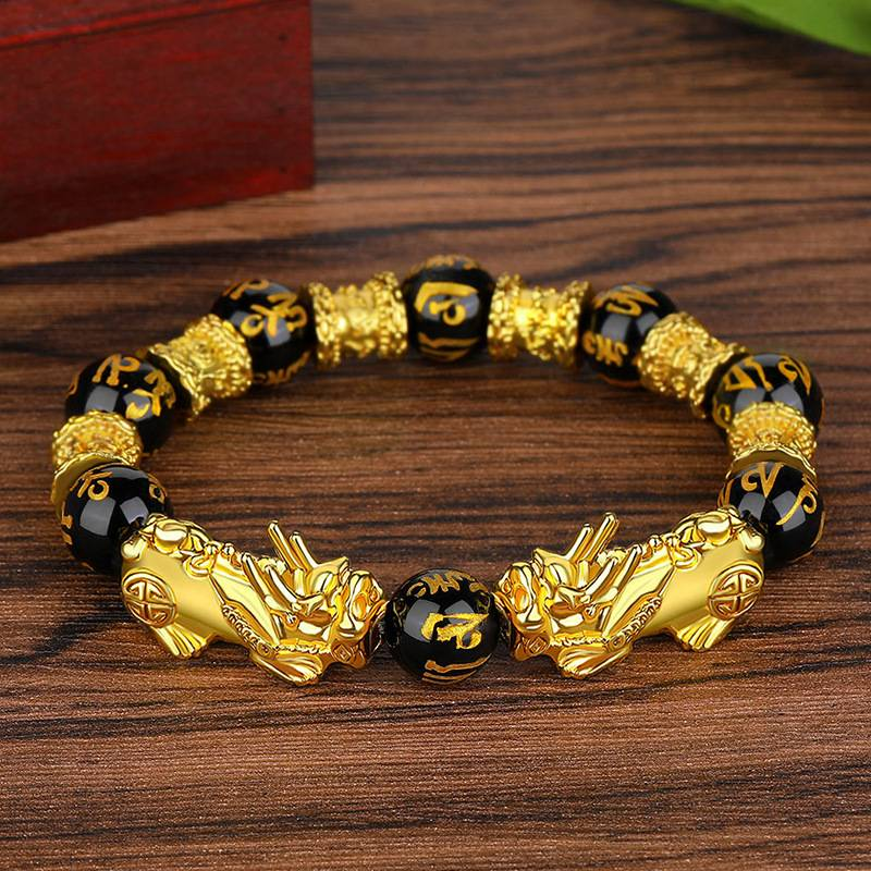 Heren dominante dappere armband Vietnam gouden armband gouden sieraden obsidiaan zes-karakter mantra kralen kleurbehoud_voghion.com