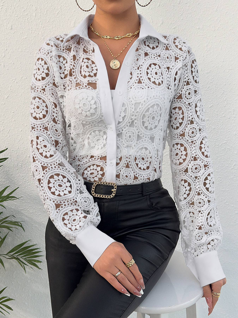 Camicetta con bottoni in pizzo Paisley, camicetta a maniche lunghe traforata per primavera ed estate, abbigliamento da donna_voghion.com