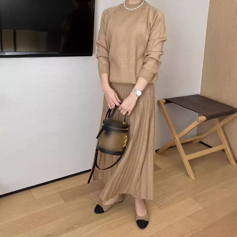 Roupas femininas Casual Core Spun Yarn Sweater Top + Saia Terno_voghion.com