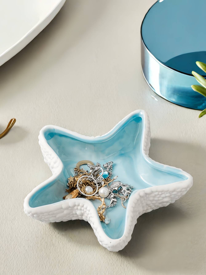 Starfish Ceramic Jewelry Tray, Nordic Style Decorative Accessory, Suitable For Desktop Lobby Key Storage Tray, Office Desk, Home, And Girls' Room_voghion.com