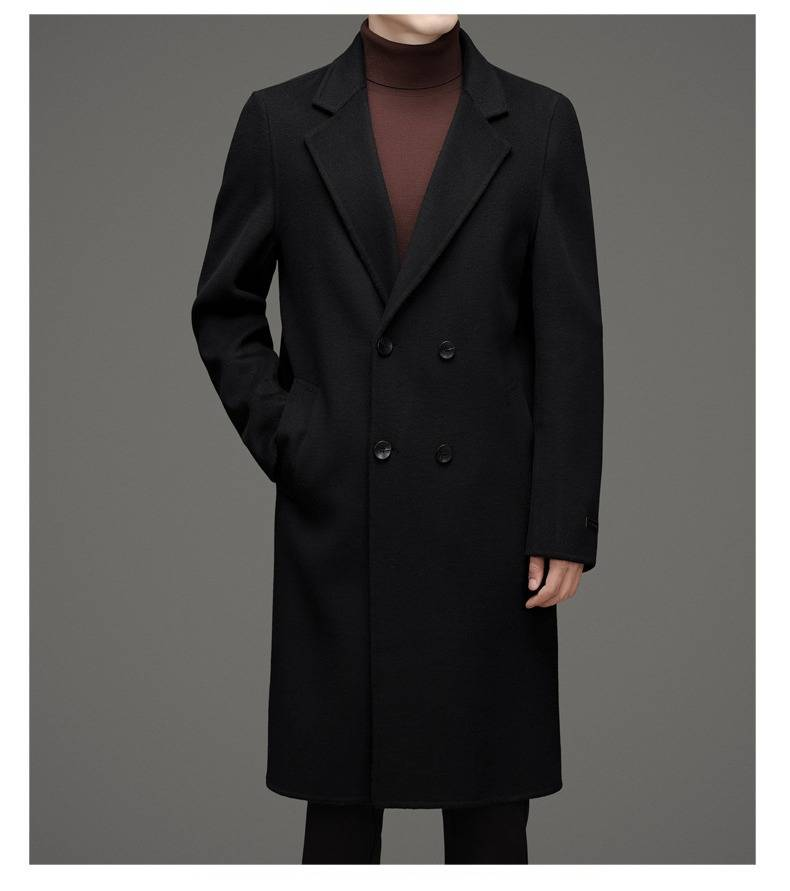 Men's 100% Pure Wool Double-Faced Overcoat – Knee-Length Trench Coat With Notched Lapel & Jacquard Detailing (170-195cm, Black)_voghion.com
