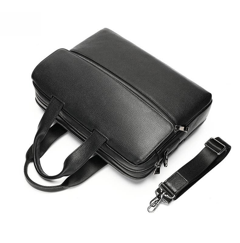Premium Genuine Leather Men's Business Briefcase – 16-Inch Laptop Tote With Adjustable Shoulder Strap (Black, Classic Stitching)_voghion.com