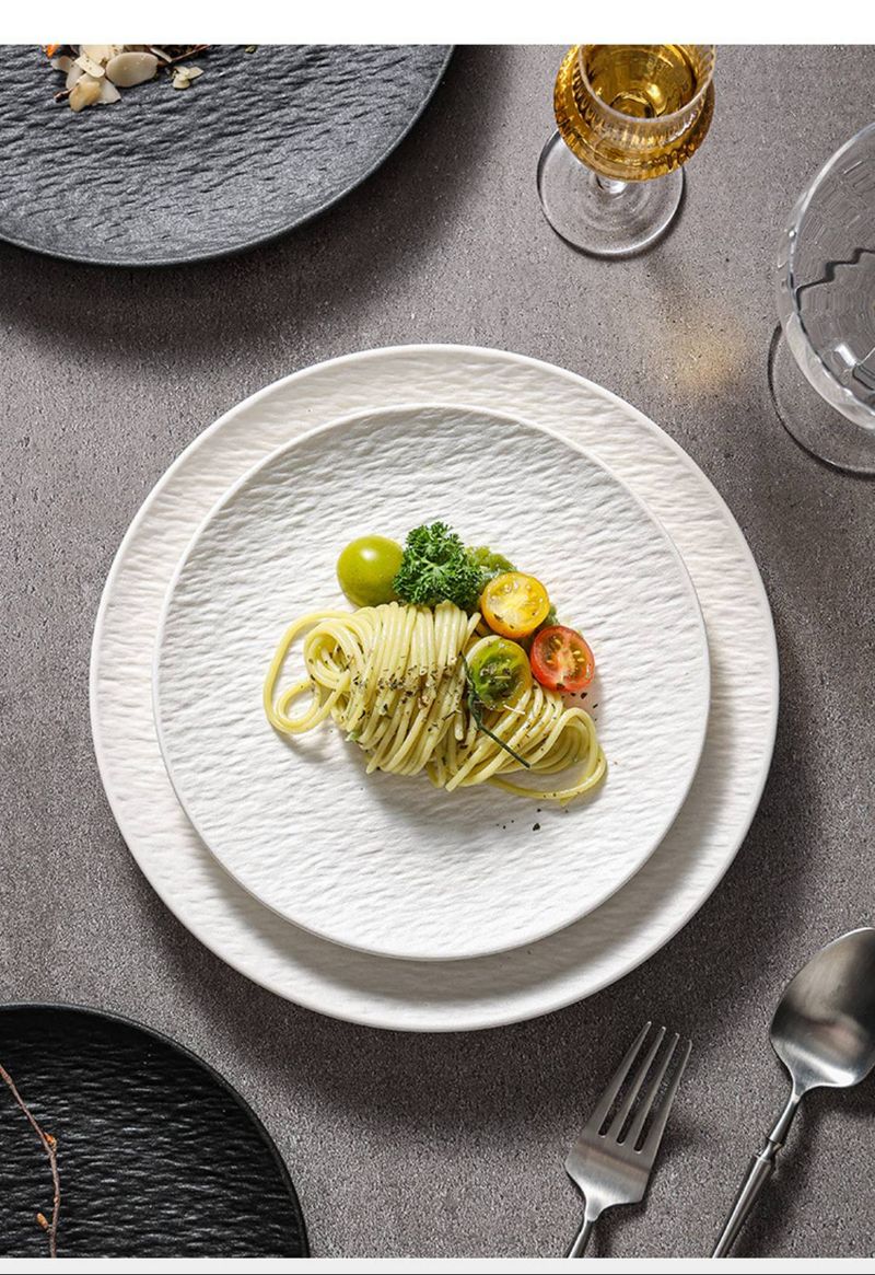 Vintage-Inspired Ceramic Dinner Plates – Microwave Safe Stoneware With Subtle Marble Texture (8"/10"/12" Round, White & Black Options)_voghion.com