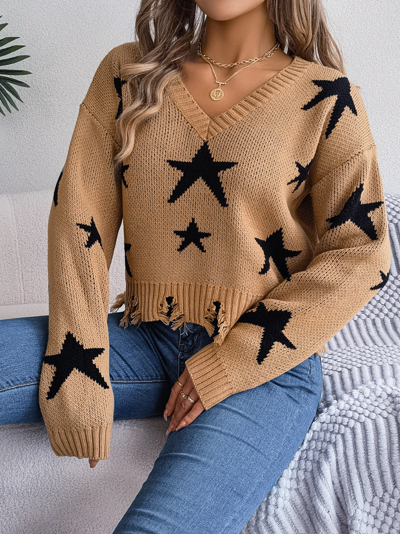 Damenbekleidung Stil Herbst und Winter Lässiger V-Ausschnitt Star Cut Langarm Strickpullover Damenbekleidung_voghion.com