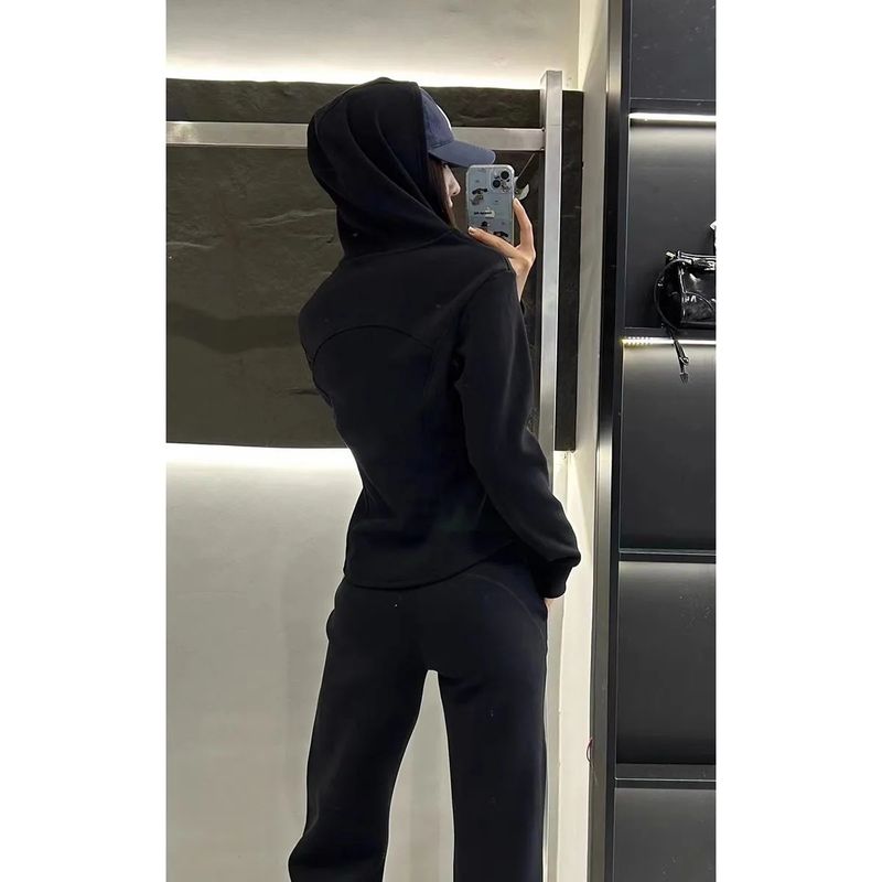 Abbigliamento da donna Tuta con cappuccio nero ispessita Tardo autunno e inizio inverno Indossa un set completo di abbigliamento sportivo casual in due pezzi_voghion.com
