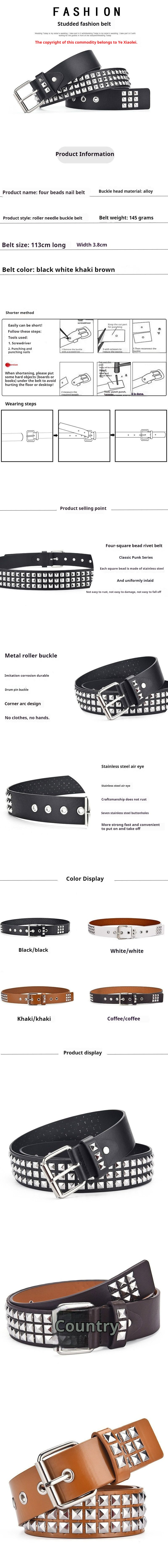 Cintura da uomo e da donna in metallo con rivetti a perlina quadrata, cintura in jeans con hardware punk_voghion.com