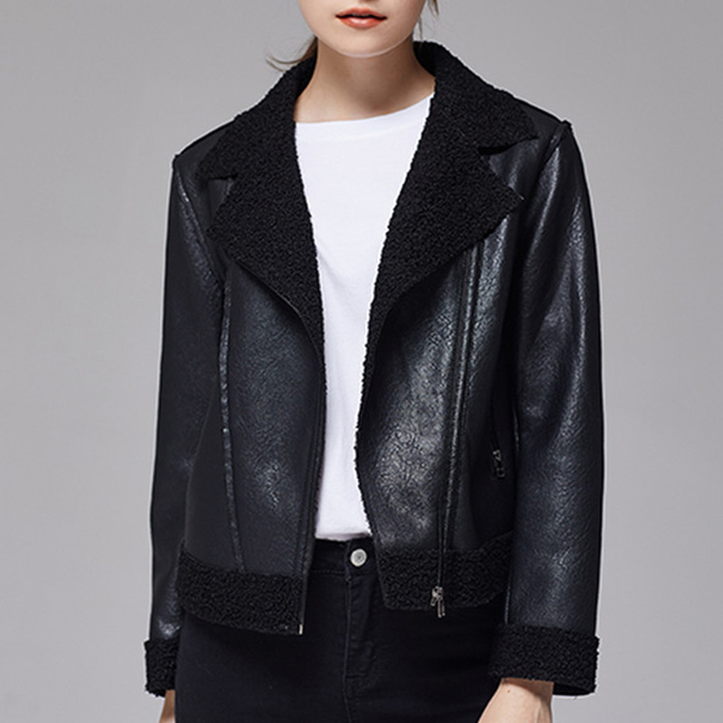 Showmirrror revers top met lange mouwen effen bont ruches pu leren jas winter damesmode kunstleer streetwear pluche_voghion.com