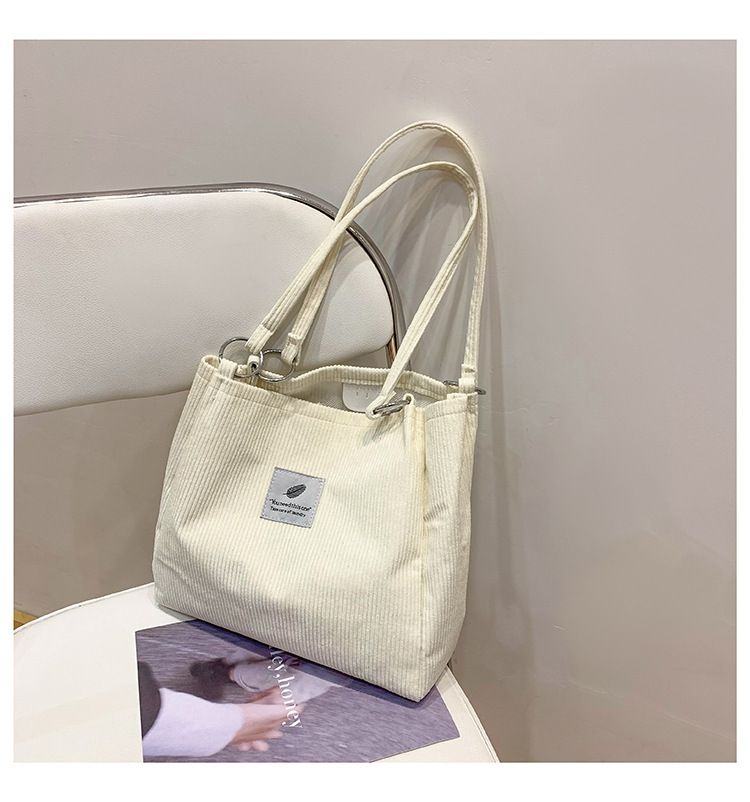 Canvas Bag Women's One-shoulder Korean-style ins Vintage Simple Artistic Corduroy Laid-back Style Large Capacity Portable Shopping Bag_voghion.com