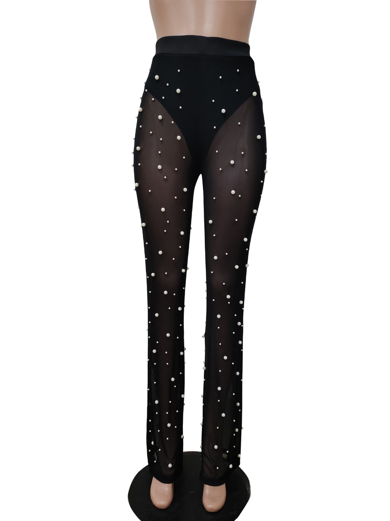 Women's Sexy Sheer Stretch Mesh Bubble Bead Decorated Wide Leg Beaded Pants Two-piece Set_voghion.com