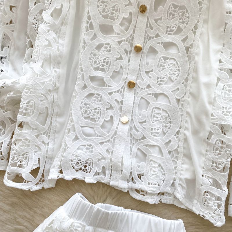 Abbigliamento da donna Camicia a maniche a lanterna in pizzo con gancio cavo a strati con canotta + gonna a vita alta_voghion.com