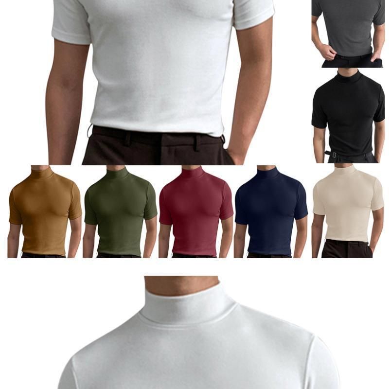 2024 Herbst Winter Stehkragen Kurzarm T-Shirt Herren Basishemd Einfarbiges Oberteil_voghion.com