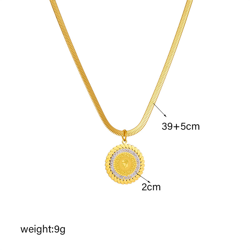 European and American cross-border creative niche retro high-end temperament portrait printing diamond round pendant snake bone chain necklace_voghion.com