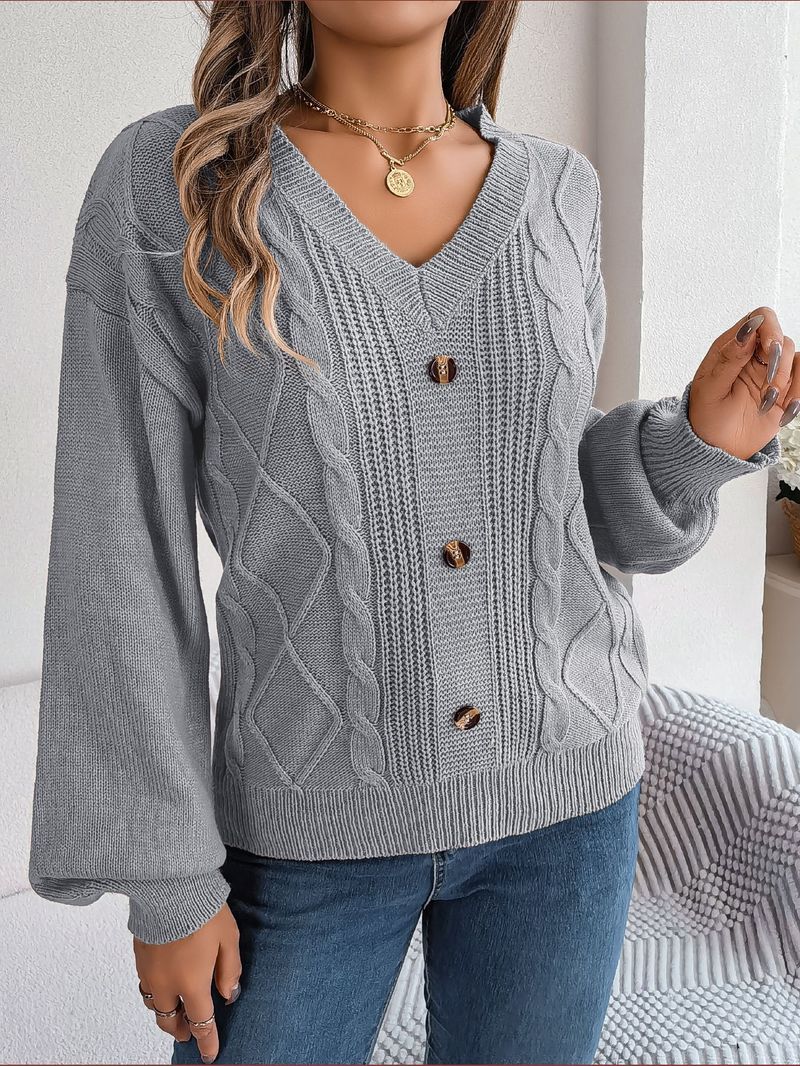 Maglione pullover a maniche lunghe in maglia a trecce con scollo a V, tinta unita, con bottoni, autunno inverno 2024, moda donna_voghion.com