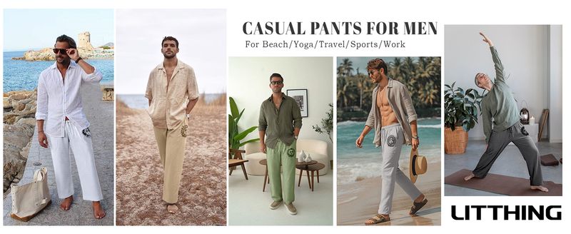 Litthing Herren-Jogginghose aus Baumwolle, lässige Sommerhose mit Taschen, lockere Passform, Kordelzughose, bequeme, leichte Hose_voghion.com