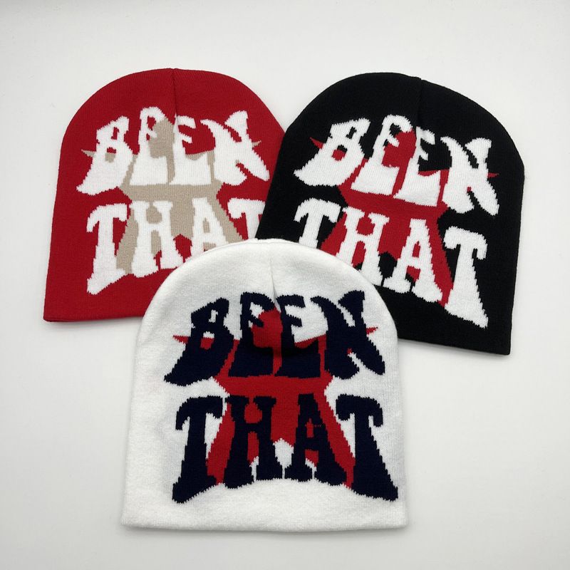 Herrenhüte BEEN THAT Letter Beanie Y2K Herbst und Winter Warme Strickmütze Beliebte Mütze_voghion.com