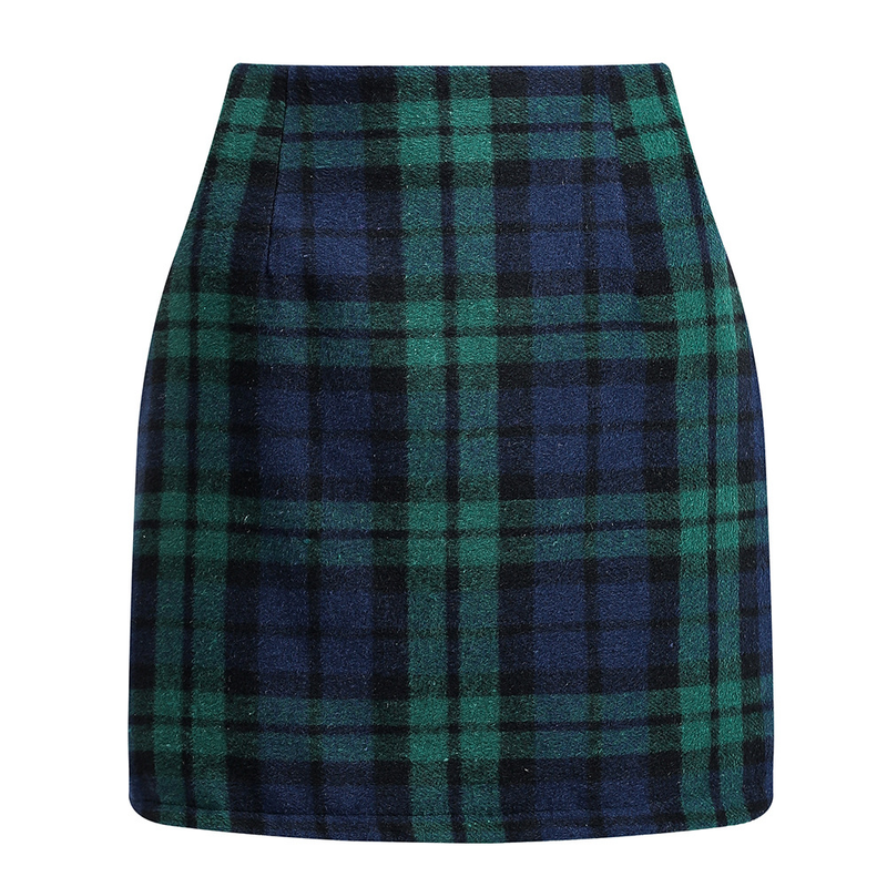 Damesmode geruite rok met hoge taille, strakke potloodwollen minirok_voghion.com