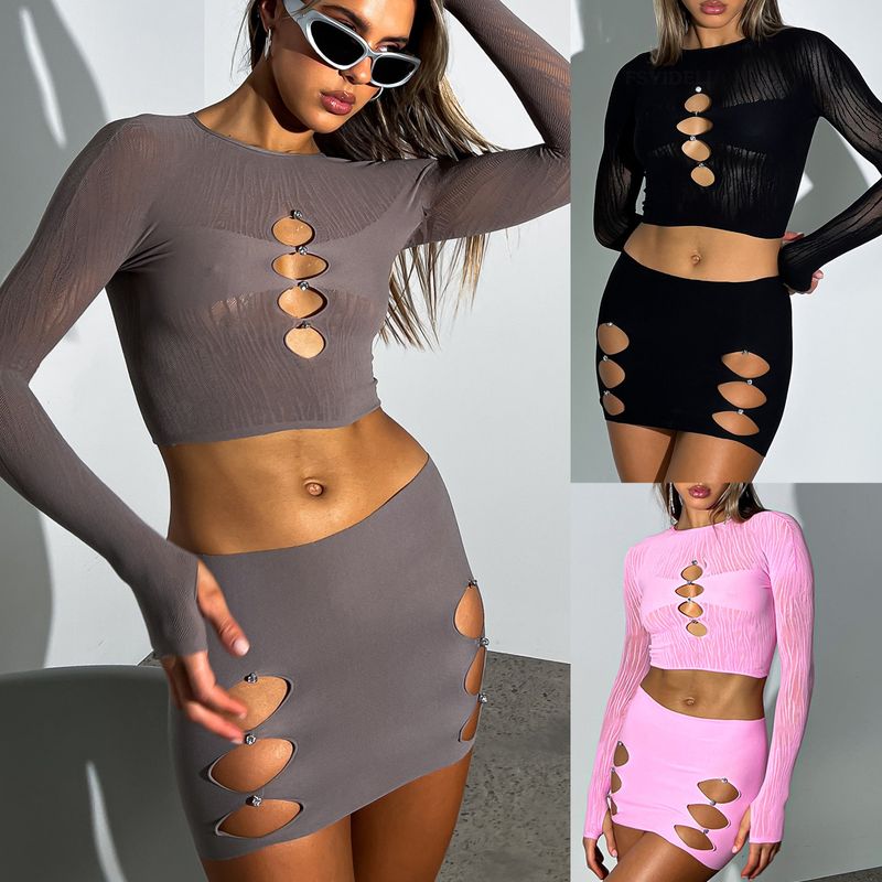 Damenmode Gaze durchsichtiges ausgehöhltes Nageldiamant sexy Gewürzkleid-Set_voghion.com
