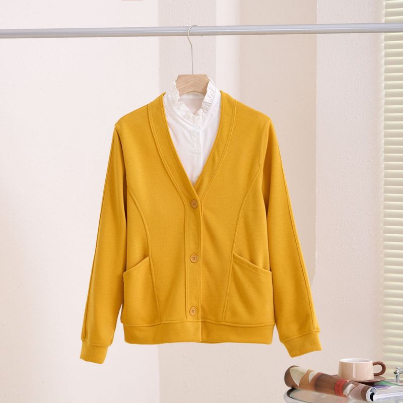 Nový kardigan s dlouhým rukávem a výstřihem do V, Minnie fleece, patchworková přezka, jarní a podzimní literární styl, jednobarevná tenká bunda_voghion.com