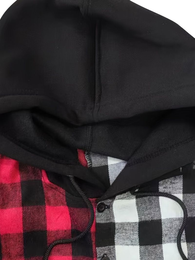 Felpa con cappuccio a quadri, con cappuccio in flanella e con cappuccio a contrasto, con cappuccio di tendenza alla moda di New York da uomo_voghion.com