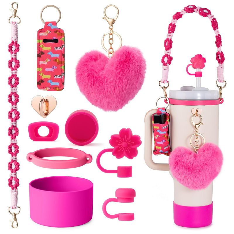 Topper in paglia intrecciata floreale con grazioso portachiavi a pompon e ciondolo a forma di cuore - Compatibile con bicchieri da 30 oz/40 oz - Elegante coperchio per bevande e tappo a cannuccia_voghion.com