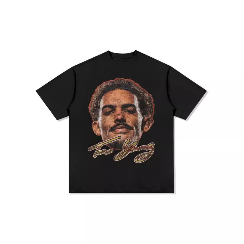 American Style Trae Young Big Head Print Short Sleeve T-Shirt Round Neck Versatile Loose Trendy_voghion.com
