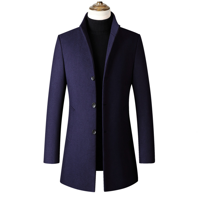 autumn and winter men's mid-length single-breasted windbreaker solid color simple stand-up collar woolen material coat_voghion.com