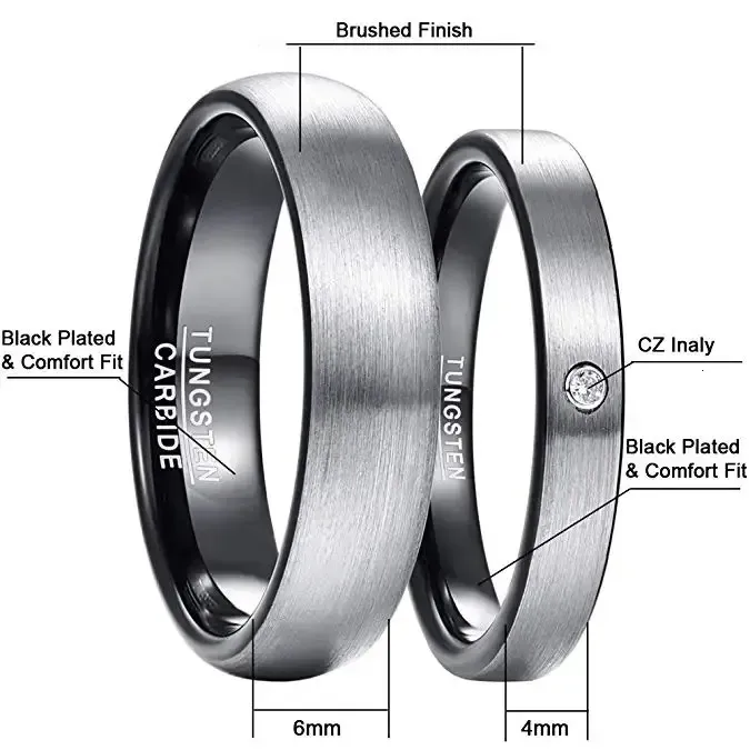Nuncad 6mm 4mm Tungsten Carbide Suitable For Men Women Brushed Finish Couple Wedding Ring Set Comfortable Fit Size 7-14_voghion.com