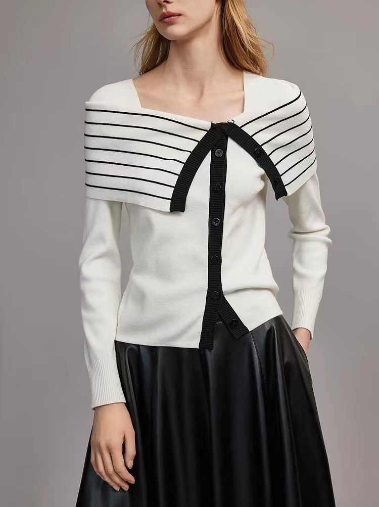 Women's Clothing Black And White Striped Two Piece Slim Wool Sweater New Design Temperament Sweater_voghion.com