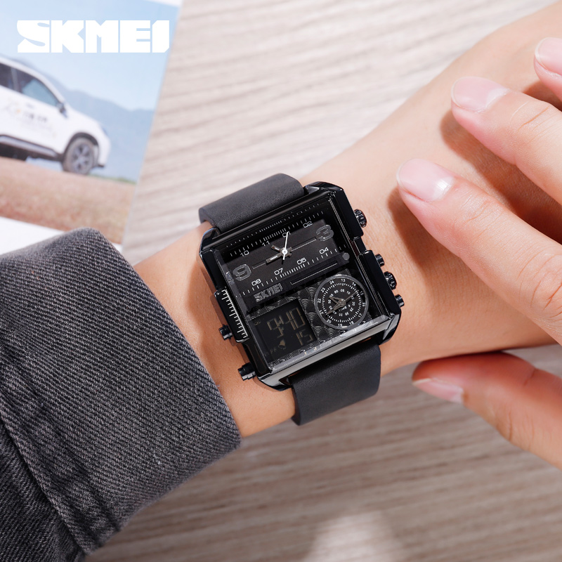 Fashion large dial square watch glow-in-the-dark waterproof leather multi-functional men's electronic watch_voghion.com
