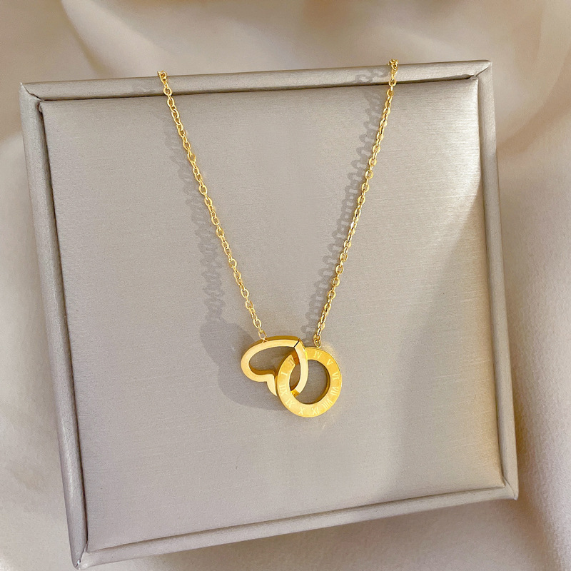 Collana con ciondolo a cerchio con cuore d'amore rotondo geometrico con numeri romani per donna Collana girocollo in acciaio inossidabile Collana con colletto a catena clavicola per ragazze_voghion.com
