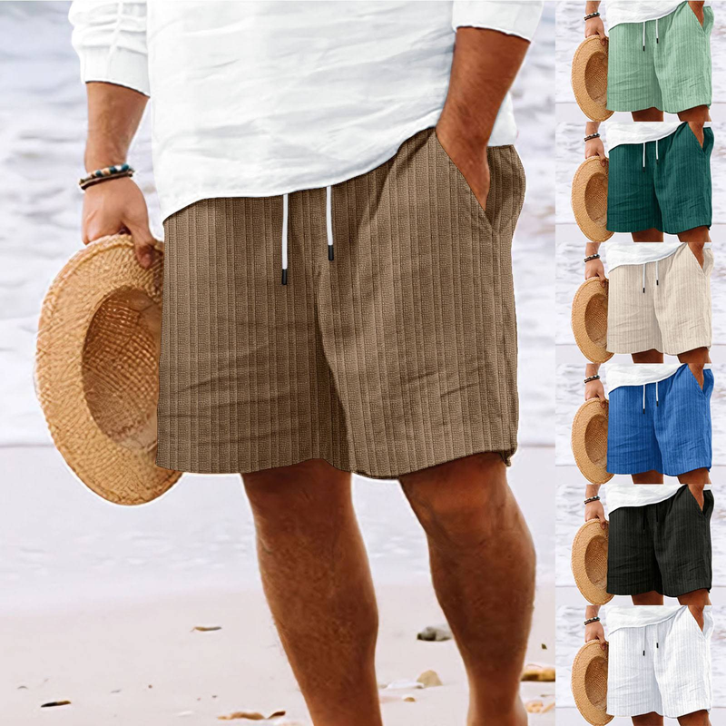 New Cotton And Linen Shorts With Multiple Pockets, Men's Striped Beach Pants With Drawstring_voghion.com