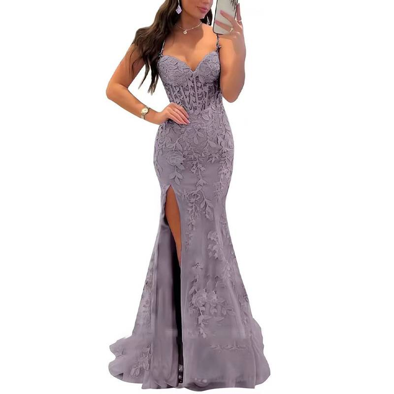 Damenbekleidung Sweetheart Hals Spitzenapplikation Ballkleid Langes blaues Meerjungfrau-Tüll-Abendkleid mit figurbetontem Schnitt_voghion.com