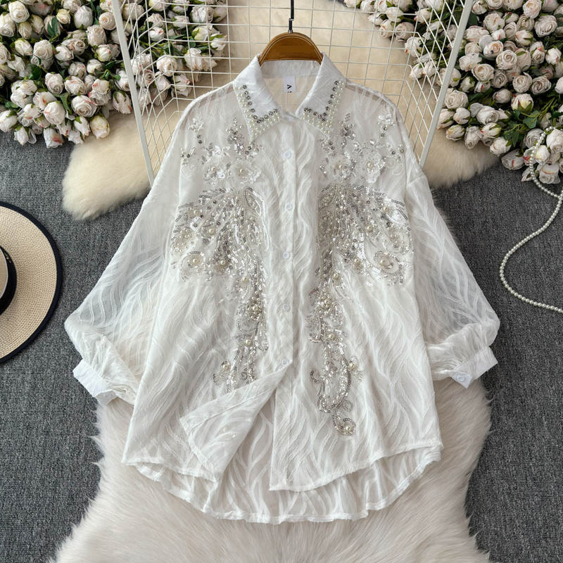 Vêtements pour femmes Chemise à la mode et anti-âge Broderie à paillettes lourdes Diamant clouté Polyvalent Haut de gamme Manches lanterne Haut amincissant Tendance_voghion.com