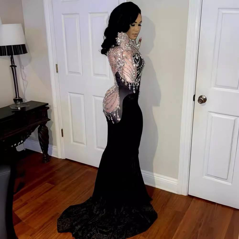 Women’s Clothing Elastic Velvet Fabric, Rhinestone, Sequin, Tassel, Sexy And Figure-hugging Custom Performance Costume Evening Dress_voghion.com