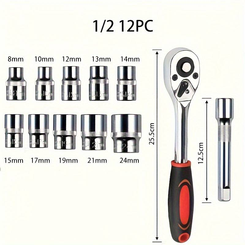 12-Piece Ratchet Wrench Socket Set, Hex Drive, Cr-V Steel, Forged Construction, Durable & Quick-Release For Auto & Motorcycle Repair_voghion.com
