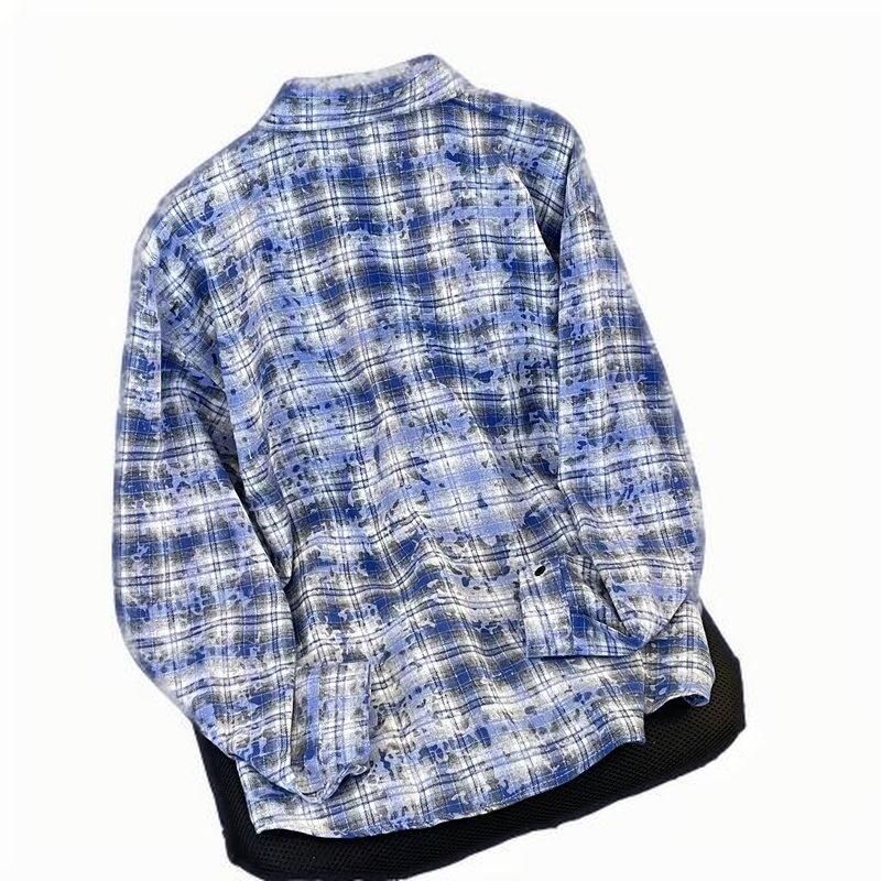 Erkekler İçin Vintage Yıkamalı Büyük Boy Grunge Flanel Desenli Tie-Dye Kareli Gömlek_voghion.com