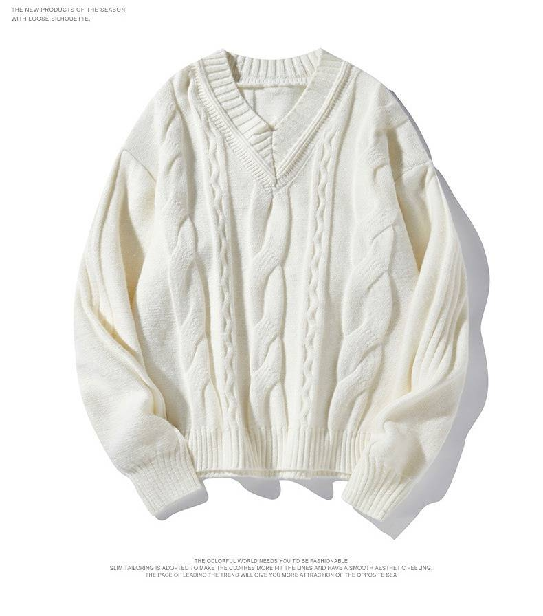 Pull en maille à col en V pour homme, motif torsadé, pull épais idéal pour un style décontracté chic et la superposition, grandes tailles disponibles._voghion.com