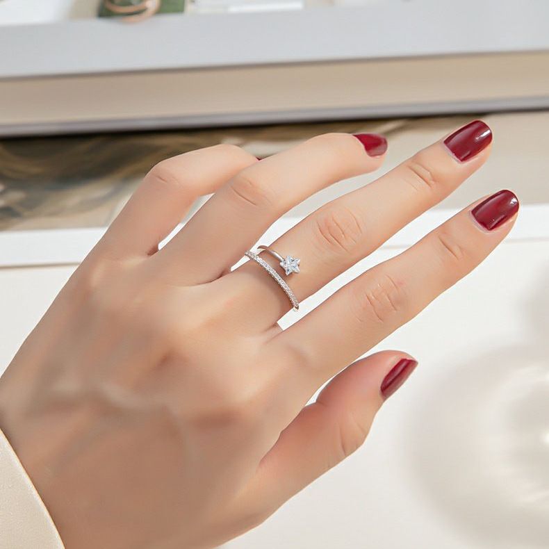 Zircon For Women, Personalized Five-Pointed Star Open Adjustable Index Finger Knuckle Ring, Minimalist Style, Niche Ins_voghion.com